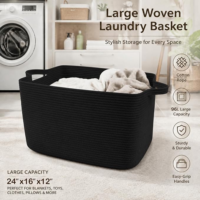 96L Woven Laundry Basket with Handles, Extra Blanket Basket,Black | 24"×16"×15" Collapsible Cotton Rope Storage Basket for Toys Clothes & Pillows, Nursery, Bathroom, Bedroom, Living Room