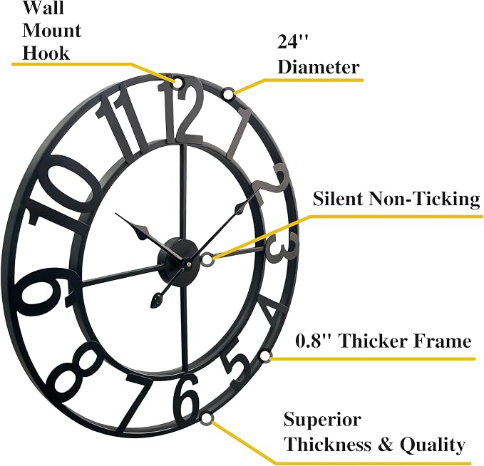 CLXEAST Silent 24 Inch Wall Clocks for Living Room Decor,Arabic Numeral | Non Ticking, Matt Black,Thicker Metal Wall Clock for Dinning Room,Entryway,Home Office & Fireplace Decor