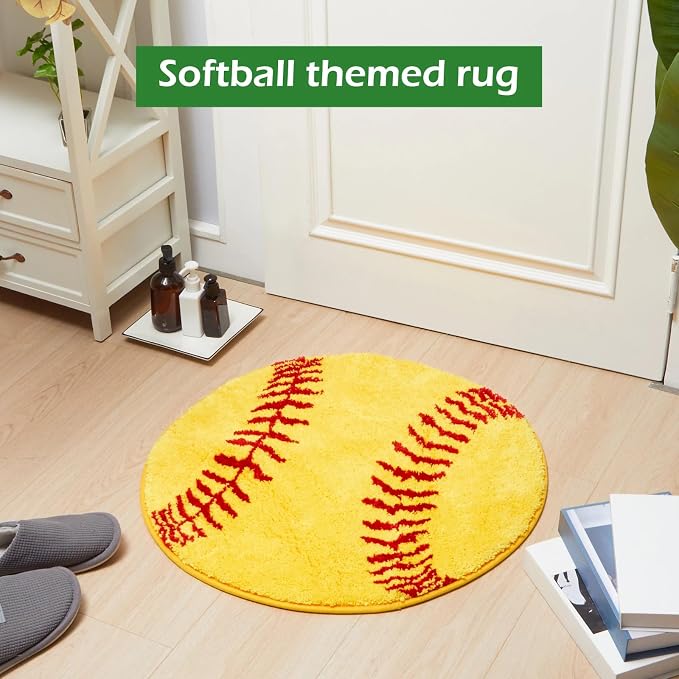 Funtery 25.5" Round Softball Rug for Girls Room Decor, Plush Washable Sports Bath Mat & Non-Slip Absorbent Aesthetic Carpet for Teen Bedroom Bathroom College Dorm Room Back to School Aesthetic Gift