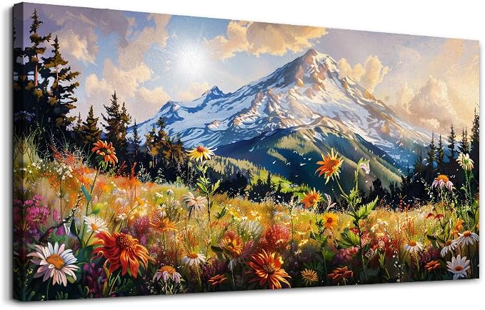 FUHAIHUA Canvas Wall Art For Living Room Framed Wall Decor For Bedroom Modern Office Wall Decoration Mountain Flower Landscape Paintings Farmhouse Pictures Artwork Aesthetic Home Decor 20x40 In