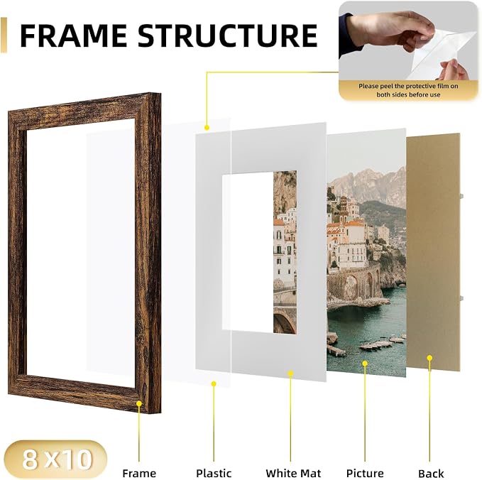 YESKAY 8x10 Picture Frame Set of 9, Display Pictures 5x7 with Mat or 8 x 10 Without Mat, Multi Photo Frames for Wall Mounting or Table Top Display, Rustic Brown