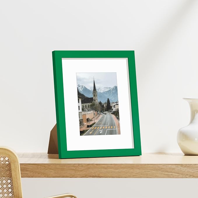 Vittanly 8x10 Picture Frames Set of 9 for Wall or Tabletop Display, Green | Display Pictures 5x7 with Mat or 8x10 without Mat, Small Photo Frames, Engineered Wood with Shatter Resistant Plexiglass