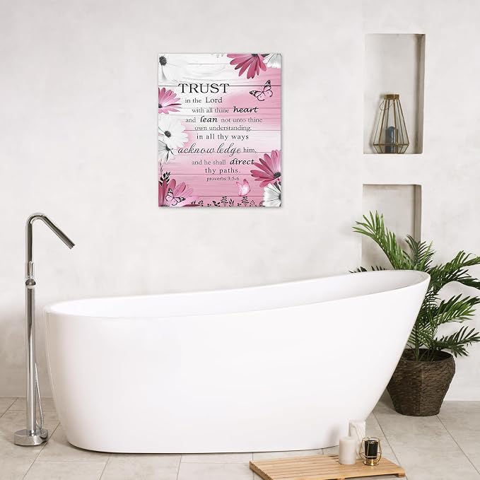 LB Pink Floral Bible Verse Wall Art for Bathroom Daisy and Butterfly Canvas Wall Art Wall Paintings Home Decor Rustic Vintage Wall Pictures for Living Room Bedroom Office Ready To Hang,12x12 Inch