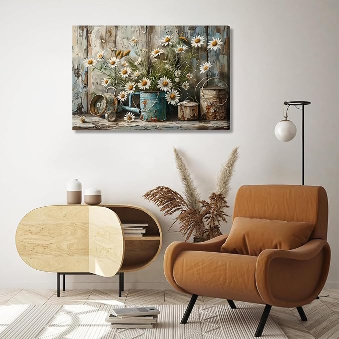 Rustic Farmhouse Daisy Canvas Wall art Vintage Country White Daisy Picture Wall Decor Neutral Still Life Flower Botanical Painting Artwork for Farmhouse Bedroom Bathroom Home Decoration 16x24in