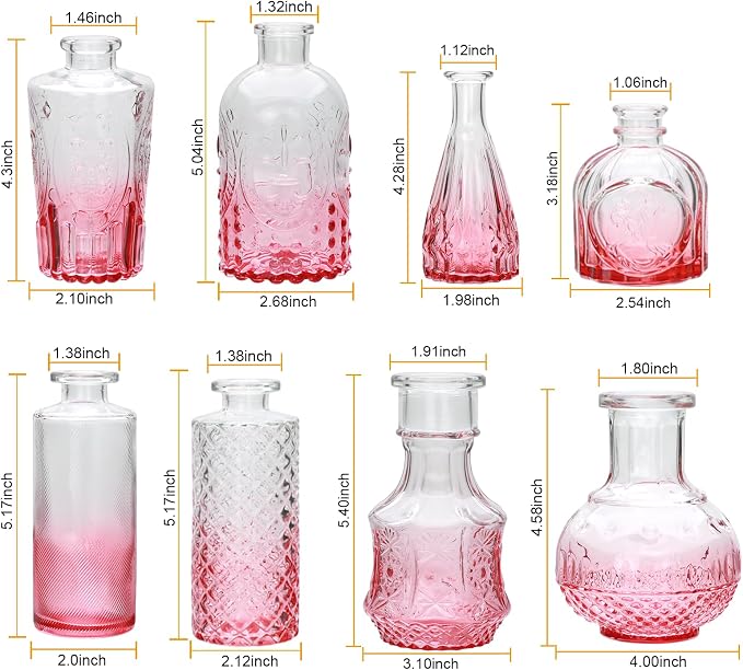 Pink Small Flower Vase Set, Glass Bud Vase in Bulk Set of 8 | Artistic and Cultural Flavor Mini Vases for Home Office Decor, Bedroom, Office, Living Room Decorations,Wedding