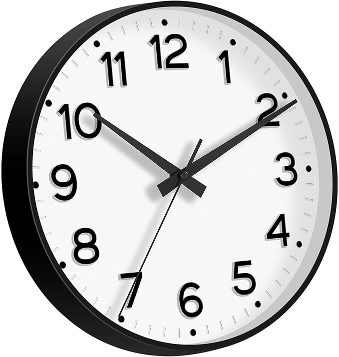 Roymnie 12 Inch Wall Clock Battery Operated Silent Non Ticking Analog | Black modern analog; large 3D easy-read dial for kitchen, office, bathroom & bedroom; 1 AA battery (not included)