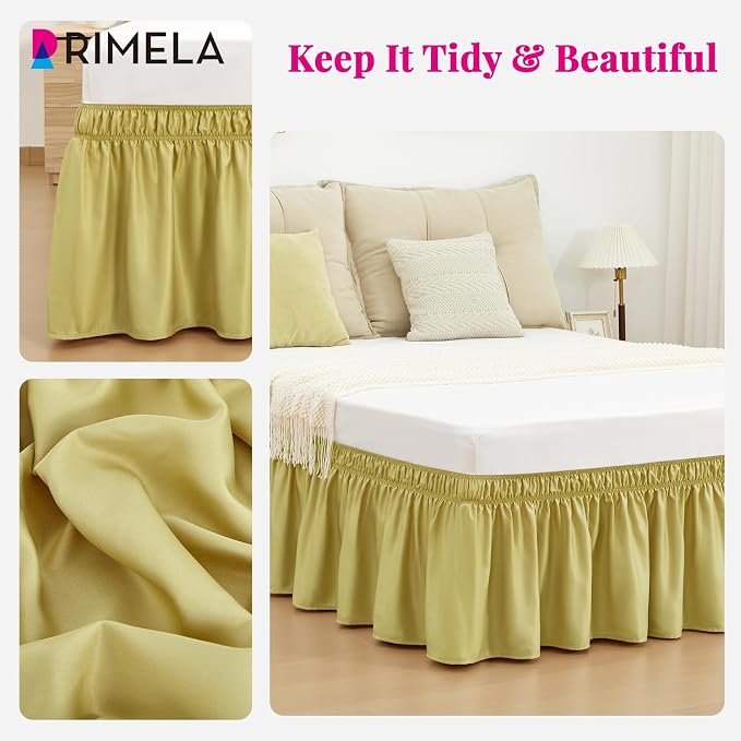 Gold Green Bed Skirt Queen Size 15" Drop, Elastic Wrap Around Bedskirt | Solid Ruffled, Easy to Use, No Mattress Lifting, Wrinkle & Fade Resistant, with Adhesive Strips, Machine Wash/Dry/Iron