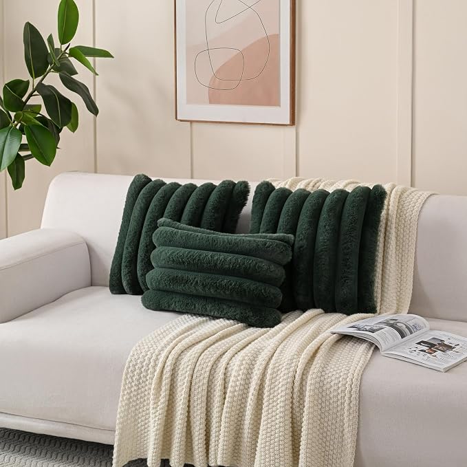 HAUSSY 2 Pack Lumbar Pillow Covers 12x20 Inch, Faux Fur Decorative Couch Throw Pillows Soft Striped Plush Cushion Covers Home Decor Cute Furry Pillowcase for Living Room Sofa Bed, Dark Green
