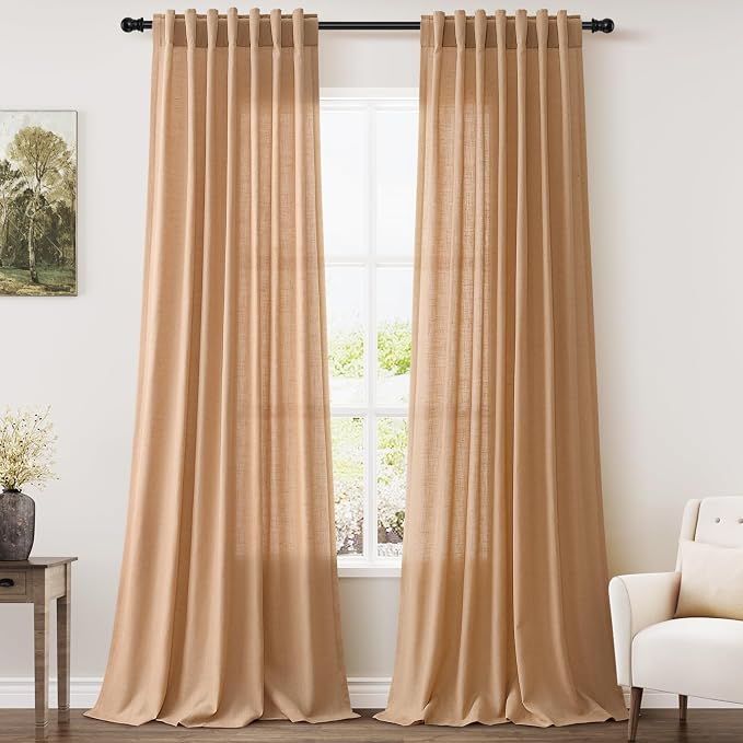 Camel Linen Curtains 2 Panels Set for Living Room Back Tab Rod Pocket Window Drapes Light Filtering Semi Sheer Elegant Farmhouse Curtain 100 Inches Long for Dining Room Bedroom 52x100