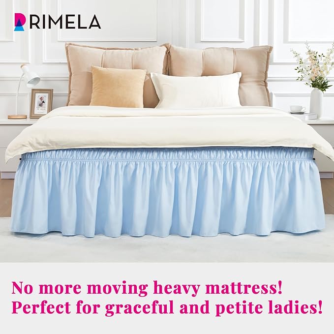 Light Blue Bed Skirt King Size 18" Drop, Elastic Wrap Around Bedskirt | Solid Ruffled, Easy to Use, No Mattress Lifting, Wrinkle & Fade Resistant, with Adhesive Strips, Machine Wash/Dry/Iron