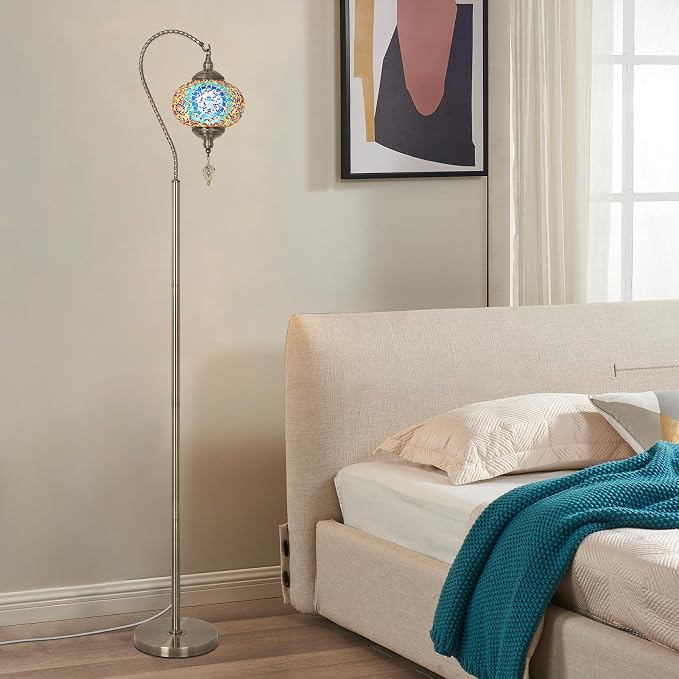 LAMSU Turkish Floor Lamp, Modern Moroccan Lamps for Living Room with Handmade Mosaic Glass Shade, Vintage Floor Lamp Tall Pole Lamp, Bronze Tiffany Standing Lamps for Bedroom Corner Light