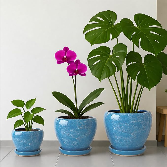 Deep Dream 8 Inch Plant Pots- Ceramic Pots for Plants with Drainage Hole and Saucer, Large Planter Pot for Indoor Plants Outdoor Decor, Gemstone Blue
