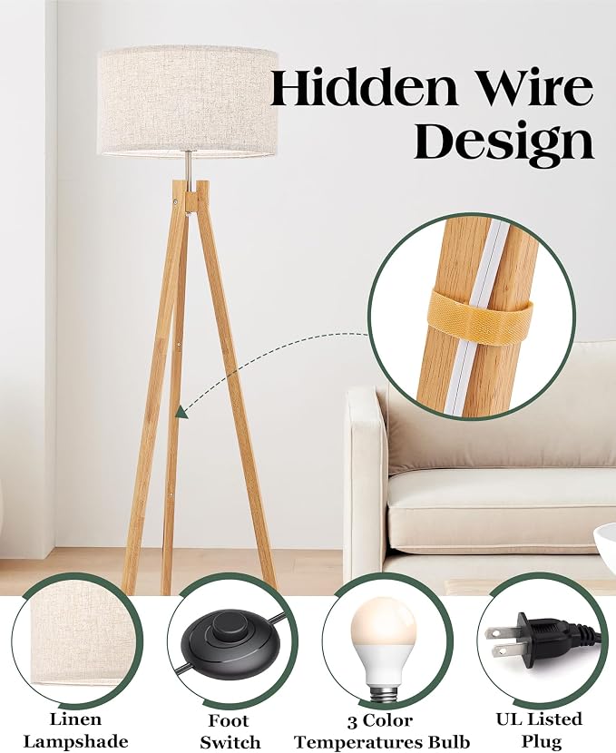 ELYONA Nordic Wood Tripod Floor Lamp, Modern Reading Standing Lamp for Living Room 3 Color Temperatures LED Bulb Included Flaxen Lamp Shade, Boho Natural Wooden floor lamp for Bedroom Office Kids Room