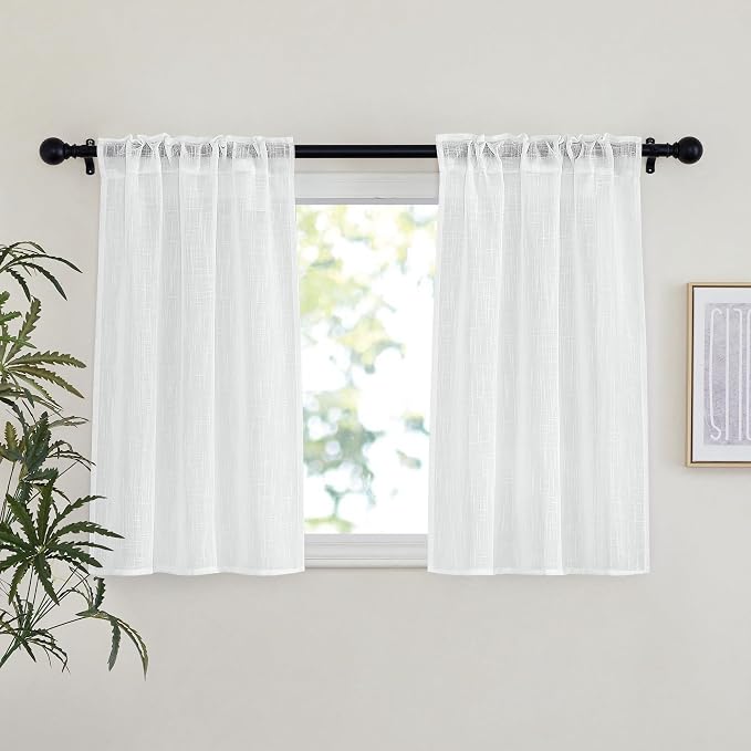 NICETOWN White Semi Sheer Linen Kitchen Curtains 36 inch Length, Rod Pocket & Back Tab Linen Weave Window Treatments Vertical Drapes Privacy with Light Through for Cafe, W29 x L36, 2 Panels