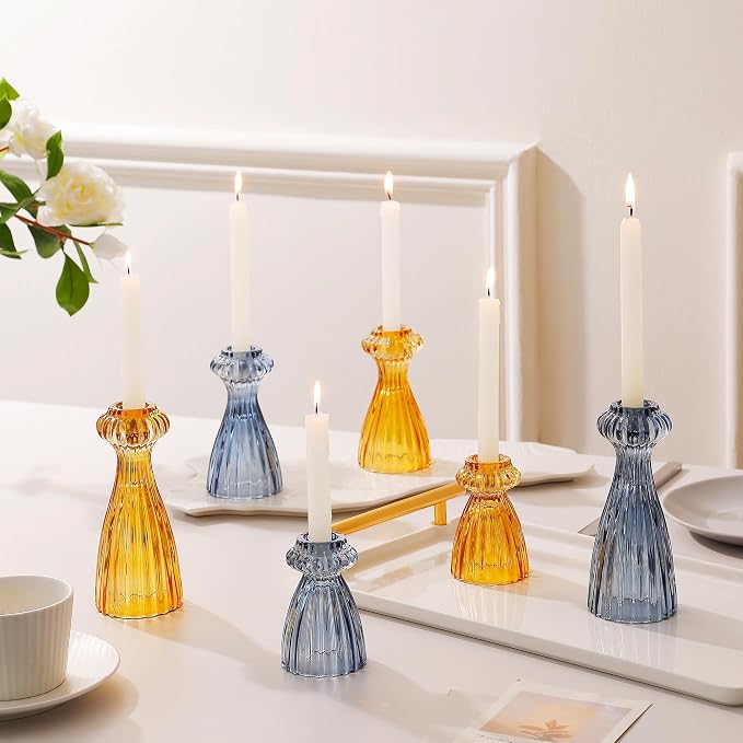 Lysenn Glass Candlestick Holders, Taper Candle Holders Set of 3, Amber