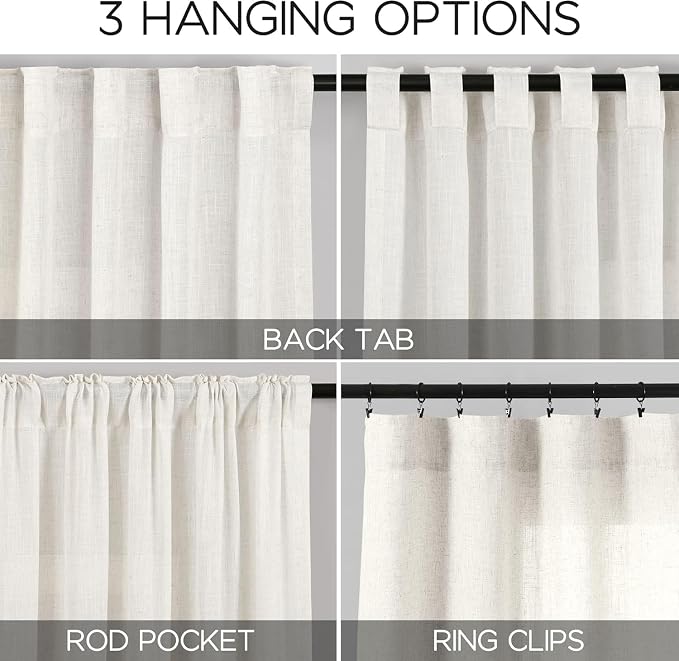 Extra Wide 100 Inch Curtains for Living Room 102 Inches Long Linen Farmhouse Sheer Curtains for Sliding Door Beige White Long Curtain for Bedroom Back Tab and Rod Pocket 100x102,2 Panels