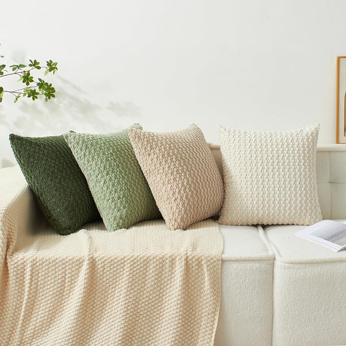 Kevin Textile Spring Throw Pillow Covers Pack of 4 Spring Super Soft Boho Corduroy Decorative Pillow Covers Cases Solid Color Plush Texture Throw Pillows for Sofa Couch Chair 18x18 Inch, Green