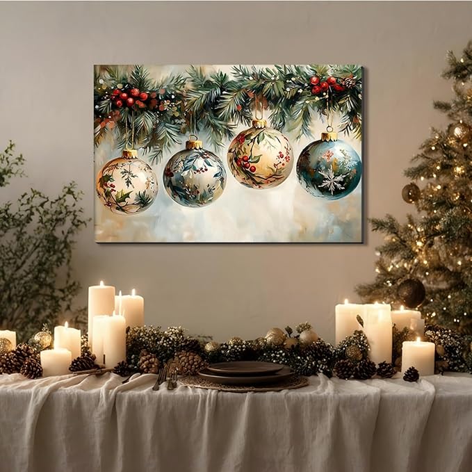 FLZYKGPA Vintage Christmas Canvas Pictures for Living Room & Bedroom Decor, Christmas Wall Decor 16x24in, Holiday Wall Art for Office, Floral Christmas Painting, Victorian Flower Holly Garland