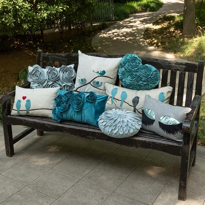JWH Birds Pillow Covers 18x18 Decorative Throw Pillow Tree Embroidered Accent Pillow Cases Teal Cushion Cute for Home Couch Bed Living Room Bedroom Decor Euro Shams White and Blue
