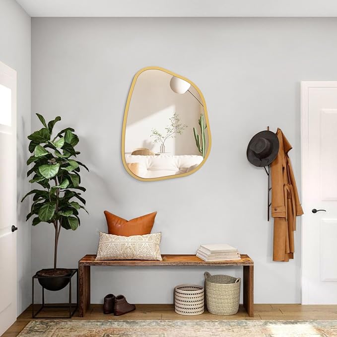 Gold Asymmetrical Mirror Large 20"x16" Irregular Oval Wall Mirror Modern Wood Frame Unique Shape Wall Mounted Vanity Artistic Mirror Decorative for Living Room Bedroom Bathroom Entryway
