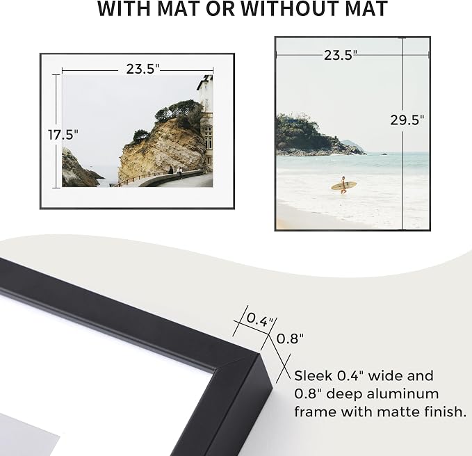 24x30 Metal Picture Frame with 18x24 Mat, Brushed Aluminum Finish, Tempered Glass Front, and Attached Hanging Hardware - Versatile Wall Display Frames for Vertical or Horizontal Orientation(Black,