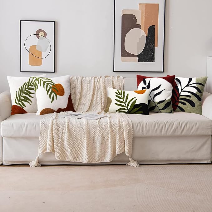 Merrycolor Boho Decorative Throw Pillow Covers 18x18 Tufted Green Decorative Pillows Covers Sun Leaf Mid Century Modern Throw Pillows for Bed Couch Sofa Living Room 1PC