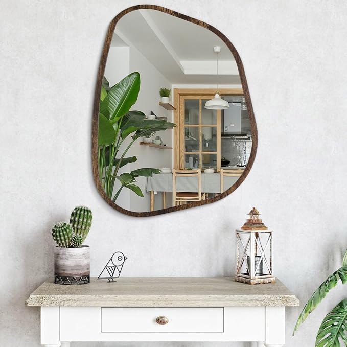 Asymmetrical Accent Mirror for Wall Irregular Oval Wood Frame Modern Unique Wall Mirror Decorative Boho Vanity Bathroom Living Room Bedroom Entryway Hallway Artistic Wavy Mirror Large 26"x18"