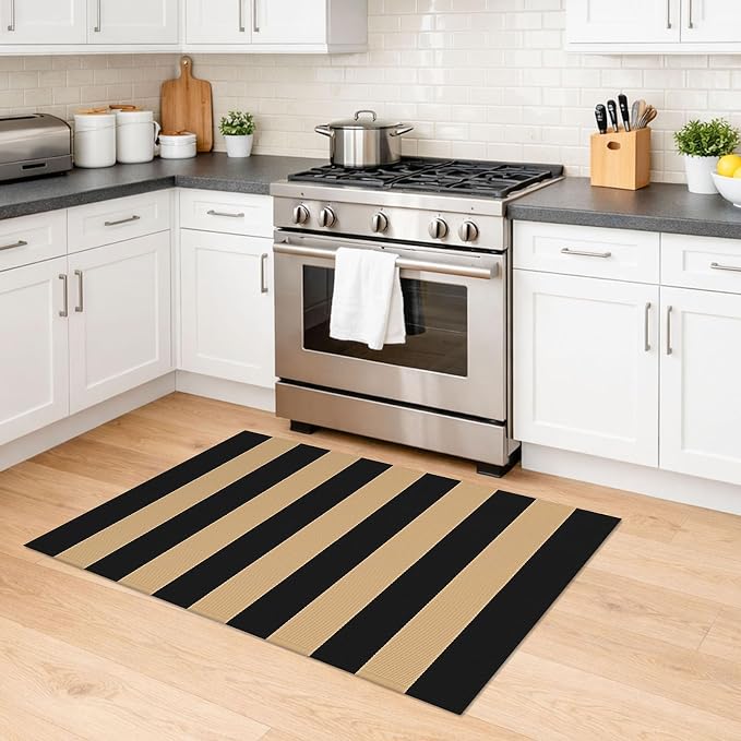 KILOCOCO Striped Rug 2.3'x3.6' Indoor Outdoor Rugs Front Door Mat, Brown | Cotton Washable Striped Front Porch Rug, Woven Layered Doormats, Welcome Mat for Entryway, Low Pile Kitchen Rugs
