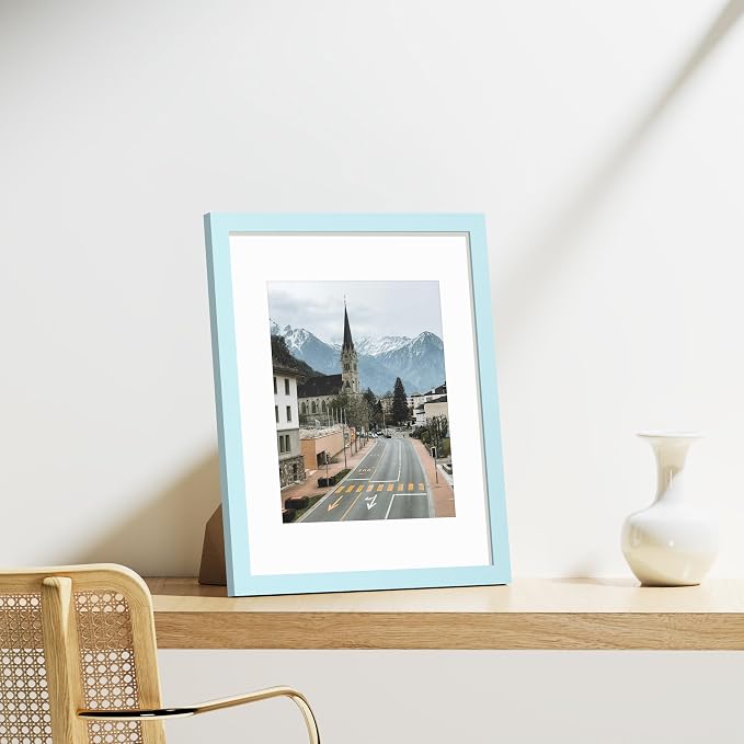 Vittanly 11x14 Picture Frames Set of 9 for Wall Mounting, Light Blue | Display Pictures 8x10 with Mat or 11x14 without Mat, Engineered Wood with Shatter Resistant Plexiglass, Gallery Photo Frames