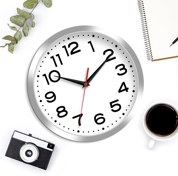 Roymnie 12 Inch Wall Clock, Battery Operated Silent Non Ticking Silver | analog wall clock; bold numerals for easy reading; silent non-ticking; 1 AA battery (not included); for classroom