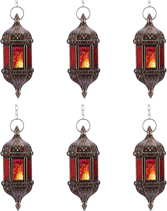 6 Pcs Hanging Hexagon Decorative Moroccan Candle Lantern Holders, Handmade Hanging Tea Light Holder in Bronze Metal & Red & Purple Glass Gift & Decor Items