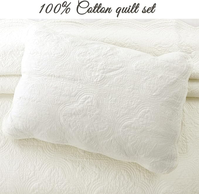 Cozy Line Home Fashions 100% Cotton Medallion Off White Matelasse Embossed Bedding Quilt Set, Reversible Lightweight Bedspread, Coverlet for All Season (Ivory, Oversized Queen - 3 piece)