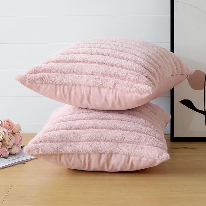 Soleebee Set of 2 Throw Pillow Covers Soft Cozy Velvet Pillowcase Faux Rabbit Fur Cover for Couch Sofa Bed Chair Home Decorative Pillows Cover (20x20 Inch, Blush Pink)