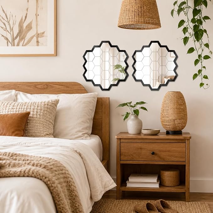 3pcs Hexagon Wall Mirror Decor, Self Adhesive Mirror Stickers, Decorative Mirror Tiles for Bedroom Bathroom Living Room Entryway Modern Moroccan Boho Wall Accents