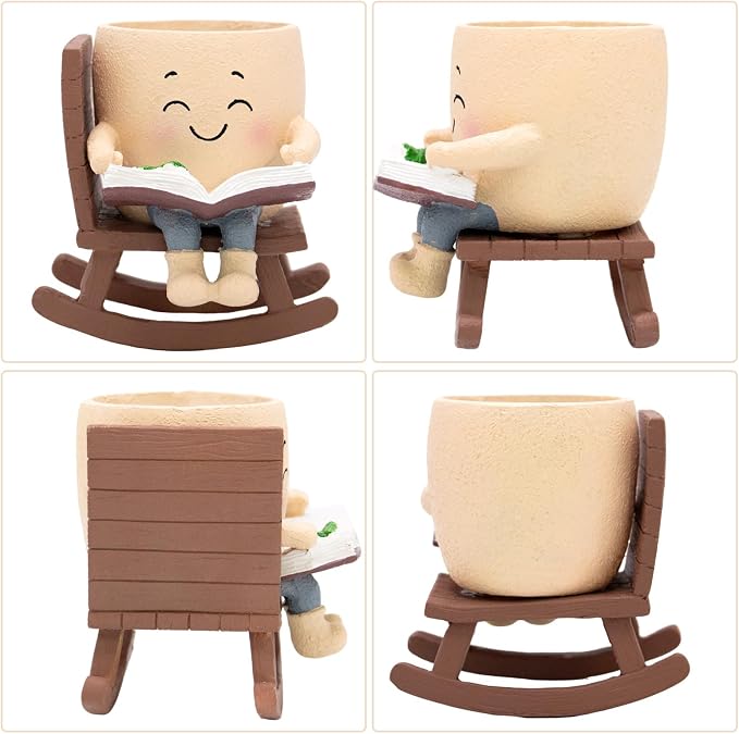 Smily Face Rocking Chair Reading Book Planter Pot for Indoor Plants