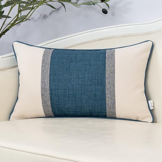 Yangest Patchwork Pillow Cover 12x20 Inch Luxury Cotton and Linen Cushion Cover Rectangle Pillowcover for Couch Bedroom Living Room, Blue