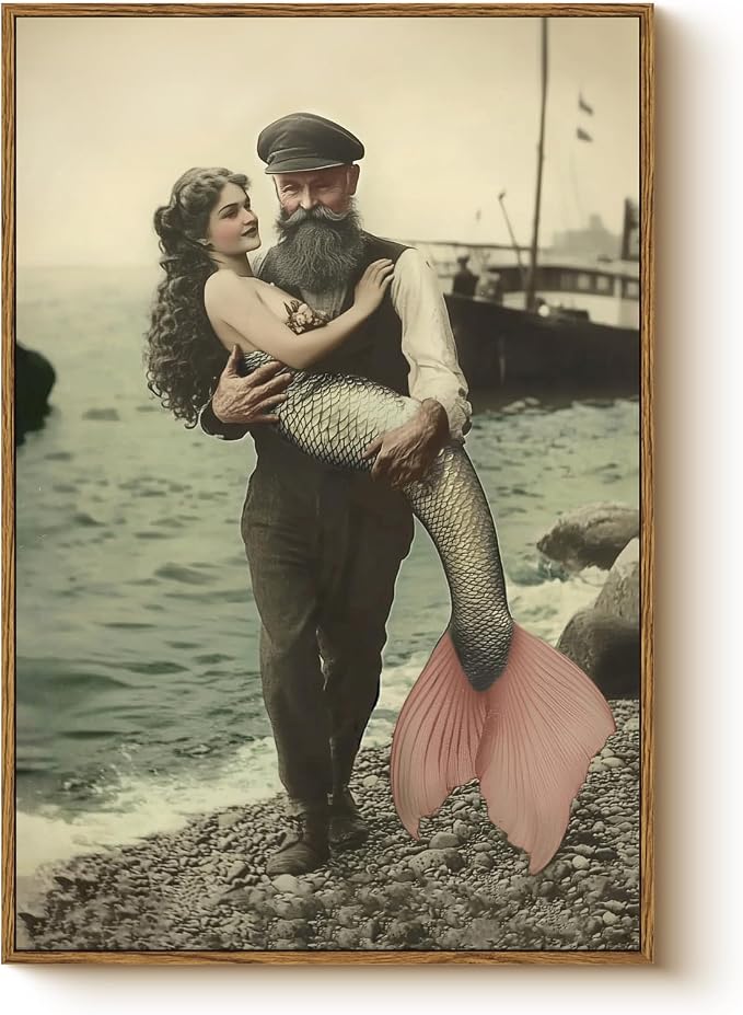 WHASAYART Vintage Mermaid Fisherman Wall Art 16x24 Framed Canvas Print | Retro Whimsical Ocean Mythology Legend Photorealistic Painting Artwork, Fishing Gear Room Beach House Coastal Nautical Decor
