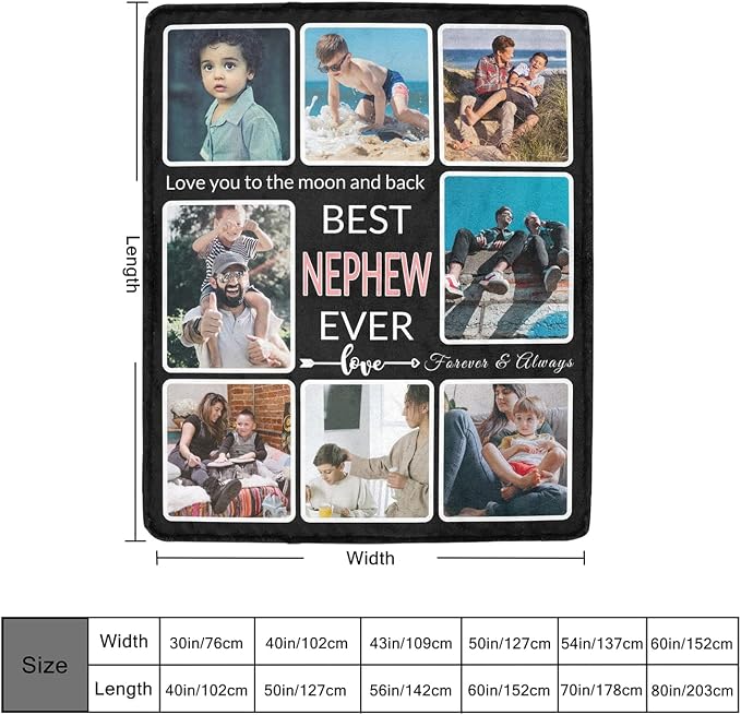 Gift for Nephew Customized Blanket with Photo, Make a Personalized Blankets with Picture Custom Memories Souvenir Sublimation Throw Blanket for Best Nephew Ever, 8 Collage Made in USA