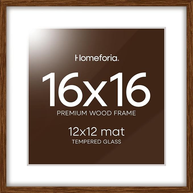Homeforia 16x16 Brown Oak Picture Frame, High-End Wood, 12x12 Mat, Glass