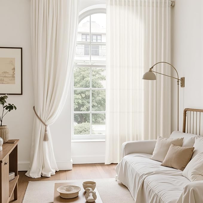 Modern Linen Curtains 96 Inches Long for Living Room Light Filtering Semi Sheer Curtain Back Tab Neutral Luxury Modern Farmhouse Decor Linen Blend Drapes for Bedroom 52x96, 2 Panels