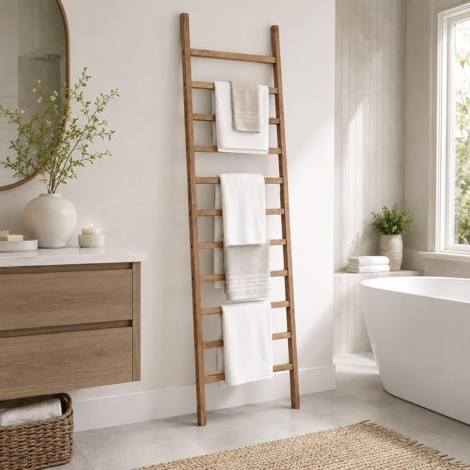 FUIN Blanket Ladder, 24 in Wide 11-Rung Solid Wood Rustic Decor Rack, Brown | 11 rungs and 24in wide, Solid wood visible grain, Angled lean-to design, Anti-slip support, Living room and bathroom use