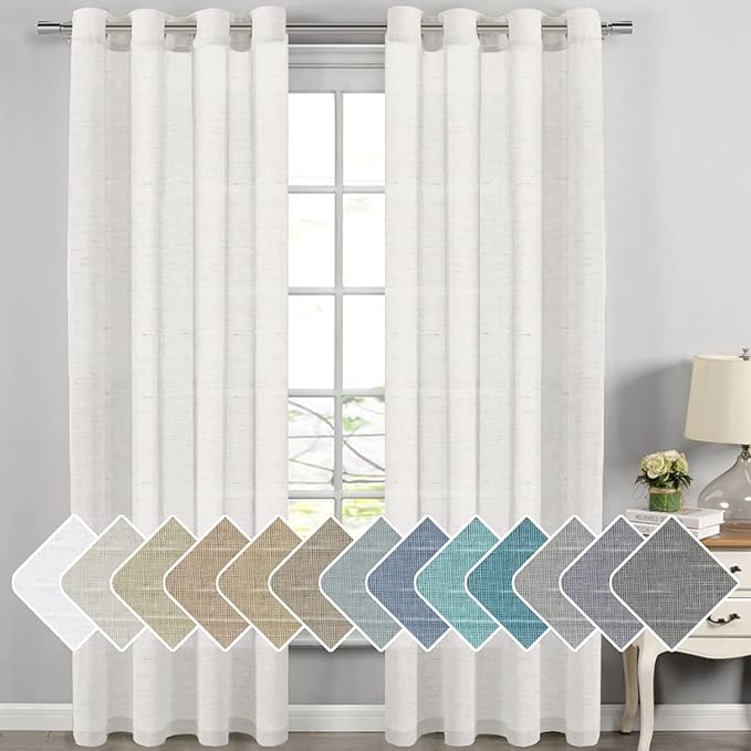 H.VERSAILTEX White Linen Curtains Flax Linen Blended Curtain Panels for Living Room/Bedroom Semi Sheer Privacy Curtains 108 inch Length 2 Panels Set Nickel Grommet Window Drapes, White