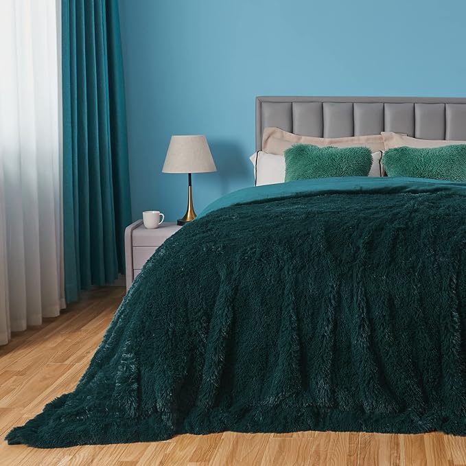 GONAAP Fuzzy Faux Fur Queen Blanket for Couch, Dark Teal, 90"x90" | Warm Cozy Plush Shaggy Decorative Reversible Thick Non-Heated Fleece Blanket for Sofa Bed, Gift for Women Men, All Season Use