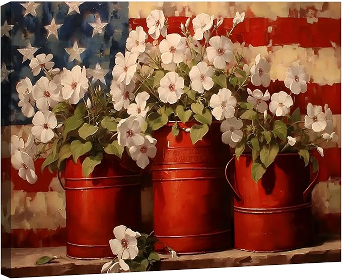 Rustic 4th of July Patriotic Flower Pots Canvas Wall Art – Large Framed US Flag Poster Painting, Independence Day Wall Decor for Living Room Bedroom or Holiday Celebrations