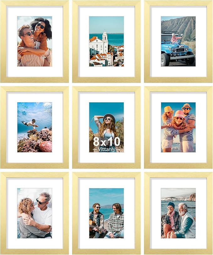 Vittanly 8x10 Picture Frames Set of 9 for Wall or Tabletop Display, Gold | Display Pictures 5x7 with Mat or 8x10 without Mat, Small Photo Frames, Engineered Wood with Shatter Resistant Plexiglass