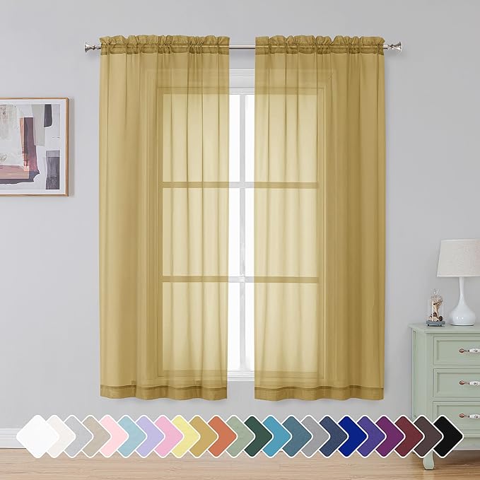 Simplebrand Gold Sheer Curtains 63 Inch Length 2 Panels, Rod Pocket Solid Color Window Sheer Curtain Panels, Elegant Curtains & Drapes for Living Room, Bedroom 2 Panels (Gold, 42" W x 63" L)