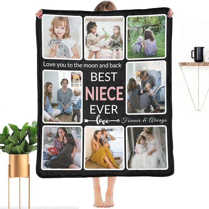 Customized Blanket with Photo, Make a Personalized Blankets with Pictures Customizable Memories Souvenir Throws Blanket Gift for Best Niece Ever, Forever & Always, 8 Collage Made in USA