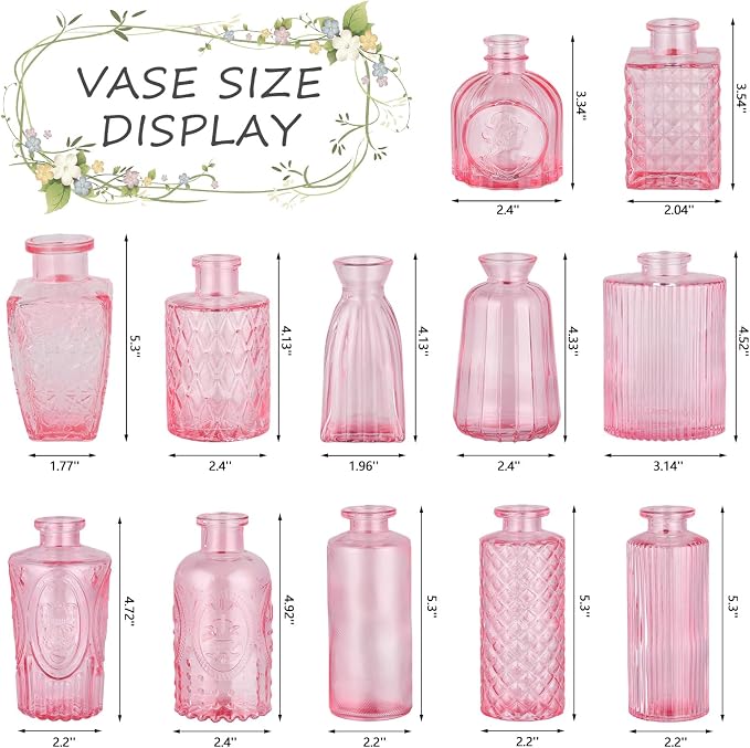 RUCKAE 12 Pack Glass Bud Vases Mini Flower Vase Small Vintage Vases for Centerpiece Table Wedding Decorations Home Decor Party(Pink)
