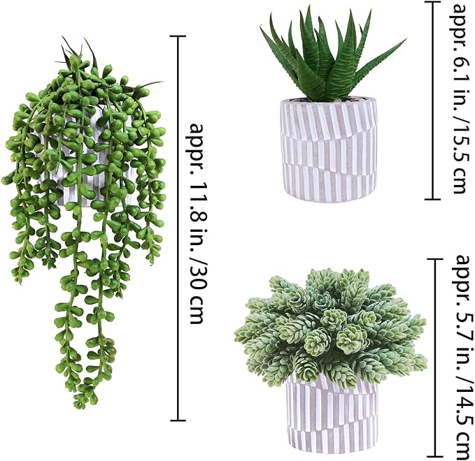 Winlyn 3 Pack Small Faux Succulent Plants Fake String of Pearls Aloe Hops Succulents in Gray Geometric Concrete Pots Artificial Potted Plant for Office Desk Home Tabletop Windowsill Shelf Decor