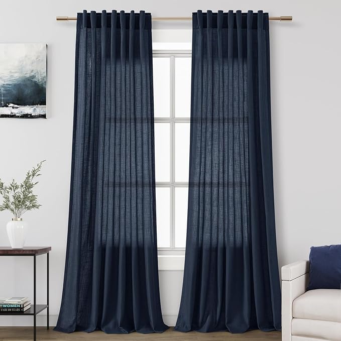 Navy Blue Curtains 80 Inches Length for Living Room Back Tab Rod Pocket Semi Sheer Linen Drapes Muted Neutral Boho Indigo Blue Linen Textured Window Curtain for Dining Room 52X80 Inch